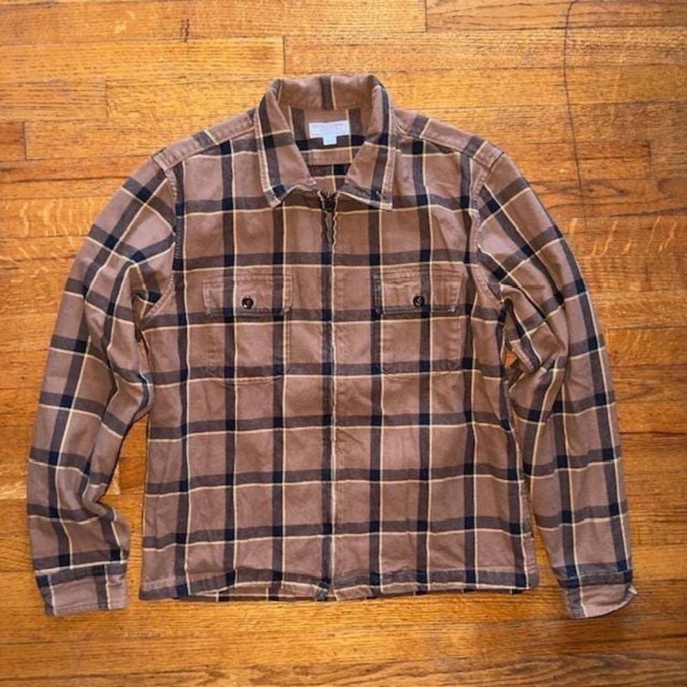 Wallace & Barnes Mens Flannel Shirt Jacket Brown Plaid Full Zip Large